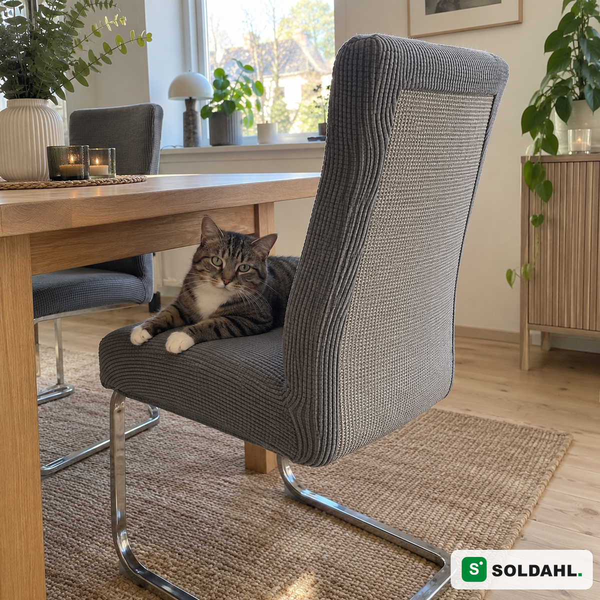 Katt vilar på stol med Soldahl Klöra stolsöverdrag