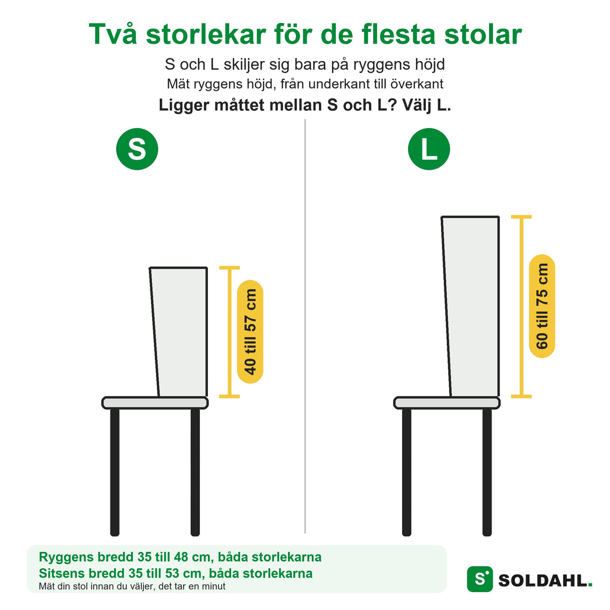 Storleksguide S och L med mått på ryggens höjd och bredd