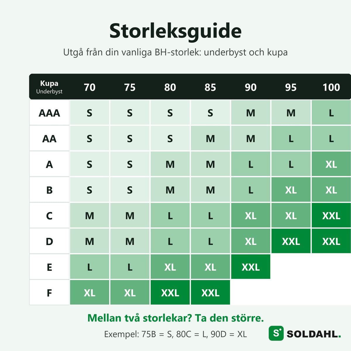 Storleksguide för Soldahl Komfro efter underbyst och kupa, S till XXL