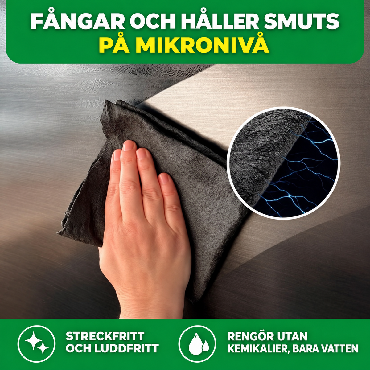 Fångar och håller smuts på mikronivå - streckfritt och luddfritt, rengör utan kemikalier