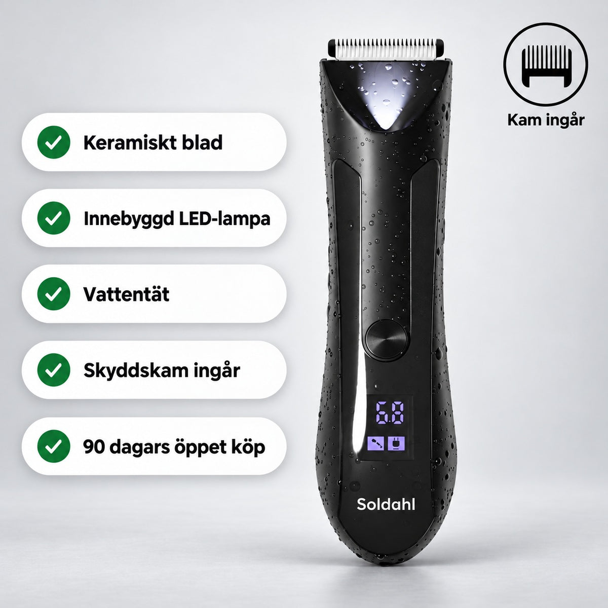 Soldahl vattentät kroppstrimmer med keramiskt blad, LED-lampa, skyddskam och 90 dagars öppet köp