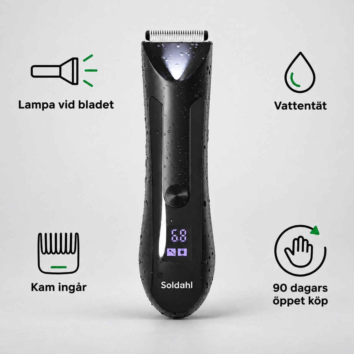 Kroppstrimmer med ikoner för lampa vid bladet, vattentät, kam ingår och 90 dagars öppet köp