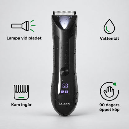 Kroppstrimmer med ikoner för lampa vid bladet, vattentät, kam ingår och 90 dagars öppet köp