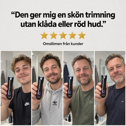 Fyra män med Soldahl kroppstrimmer och omdöme från kunder