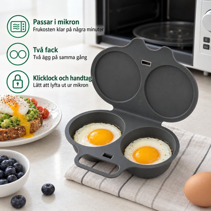 Äggklar äggkokare för mikrovågsugn med två ägg, två fack och klicklock