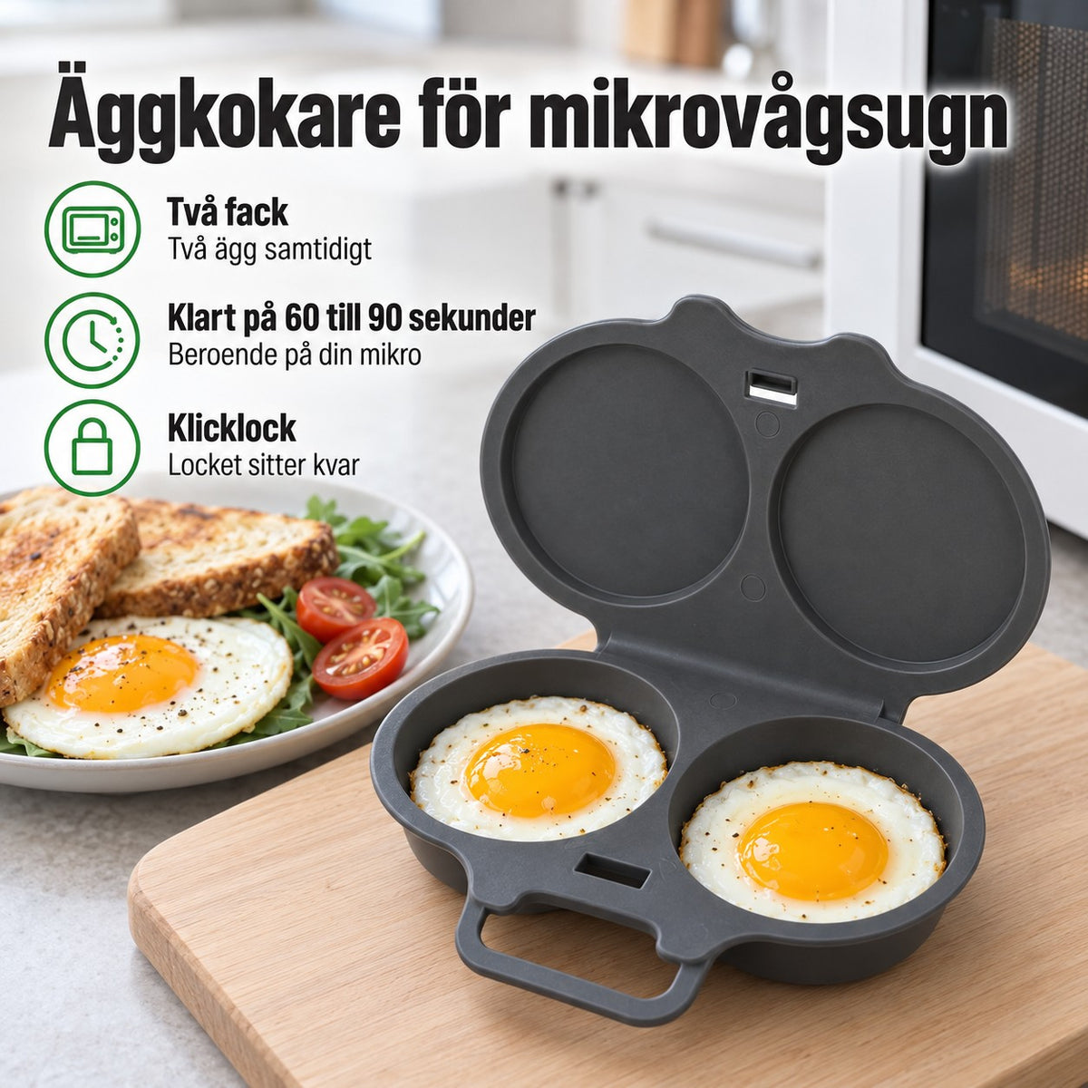 Äggkokare för mikrovågsugn, två fack, klart på 60 till 90 sekunder, klicklock