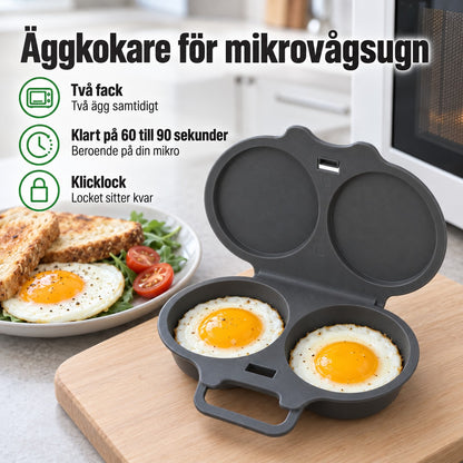 Äggkokare för mikrovågsugn, två fack, klart på 60 till 90 sekunder, klicklock
