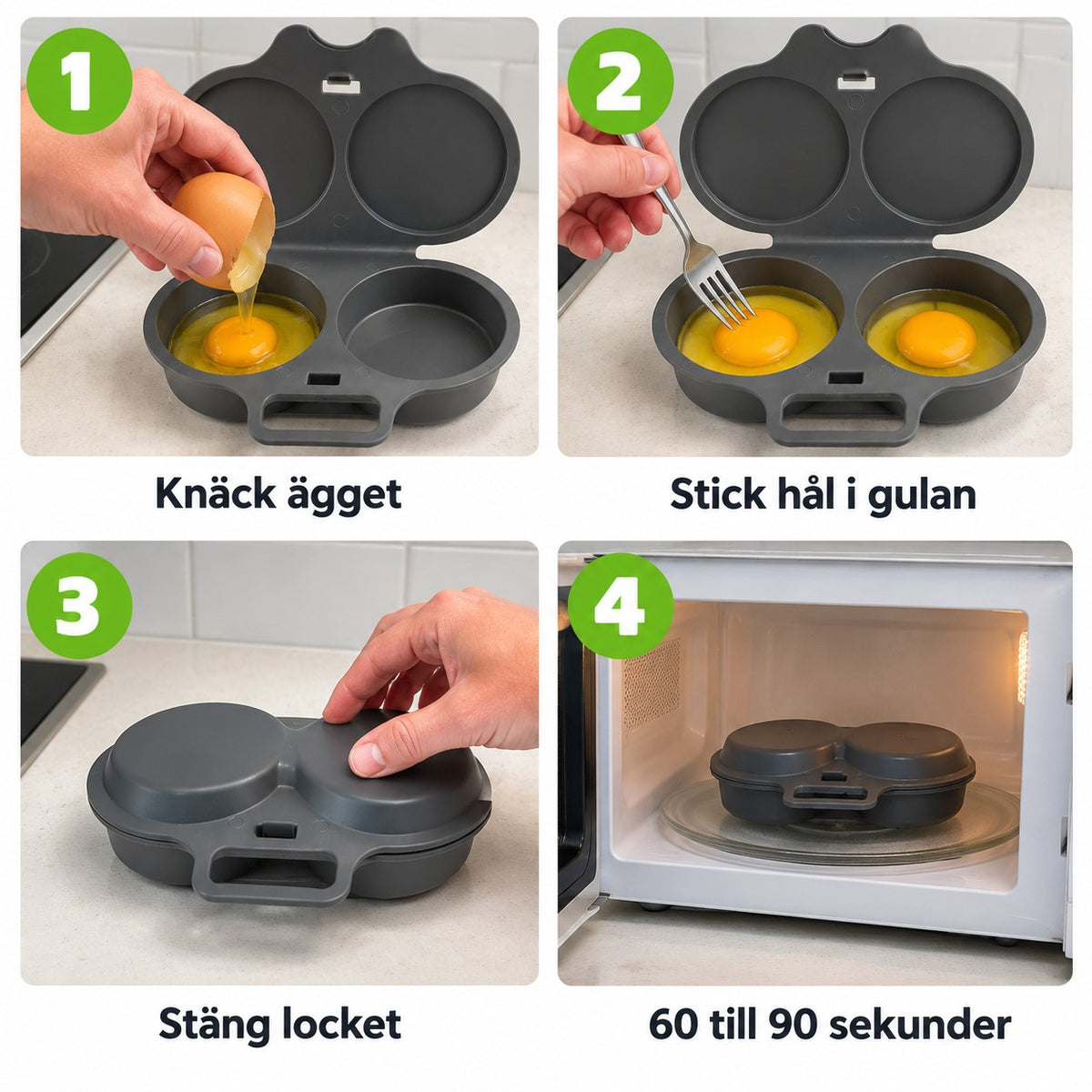 Så använder du Äggklar: knäck ägget, stick hål i gulan, stäng locket, 60 till 90 sekunder