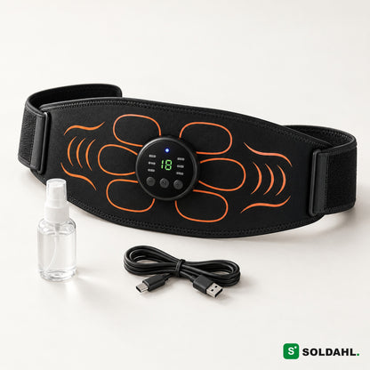 Svart EMS-magbälte med orange mönster, rund kontroll, sprayflaska och USB-C-kabel