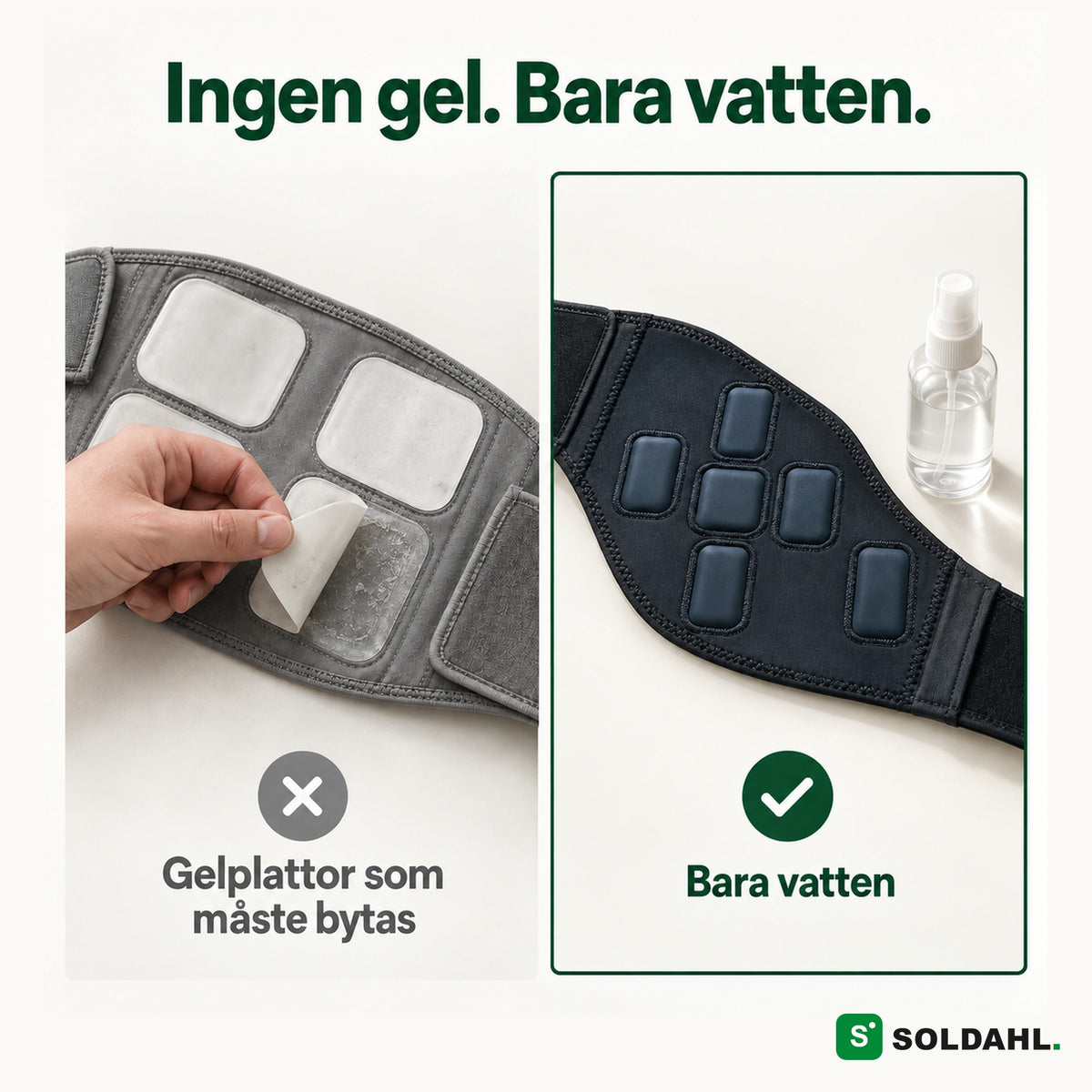 Jämförelse: gelplattor som måste bytas mot magbältets tygplattor som bara behöver vatten