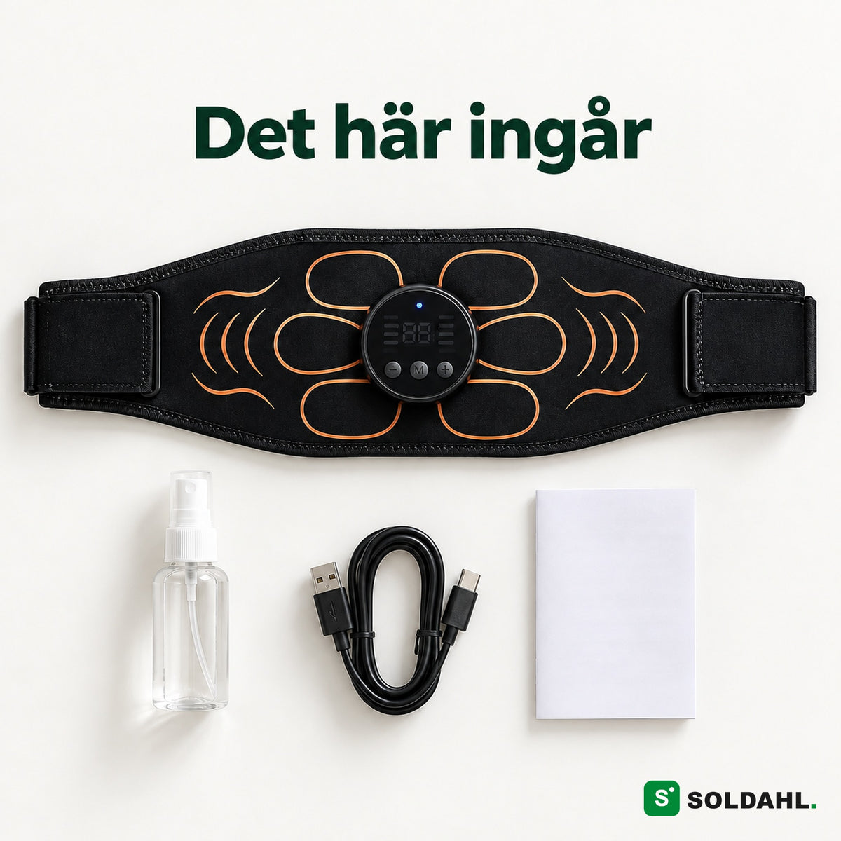 Det här ingår: magbälte, kontroll, sprayflaska, USB-C-kabel och manual