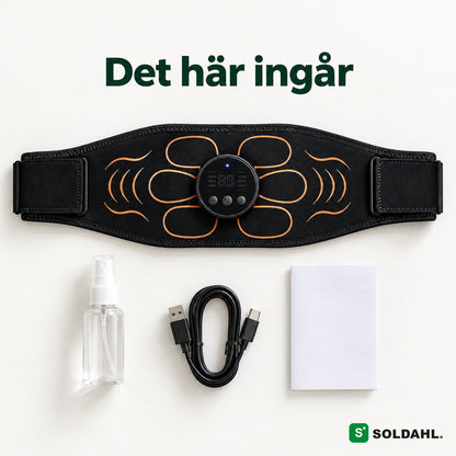 Det här ingår: magbälte, kontroll, sprayflaska, USB-C-kabel och manual