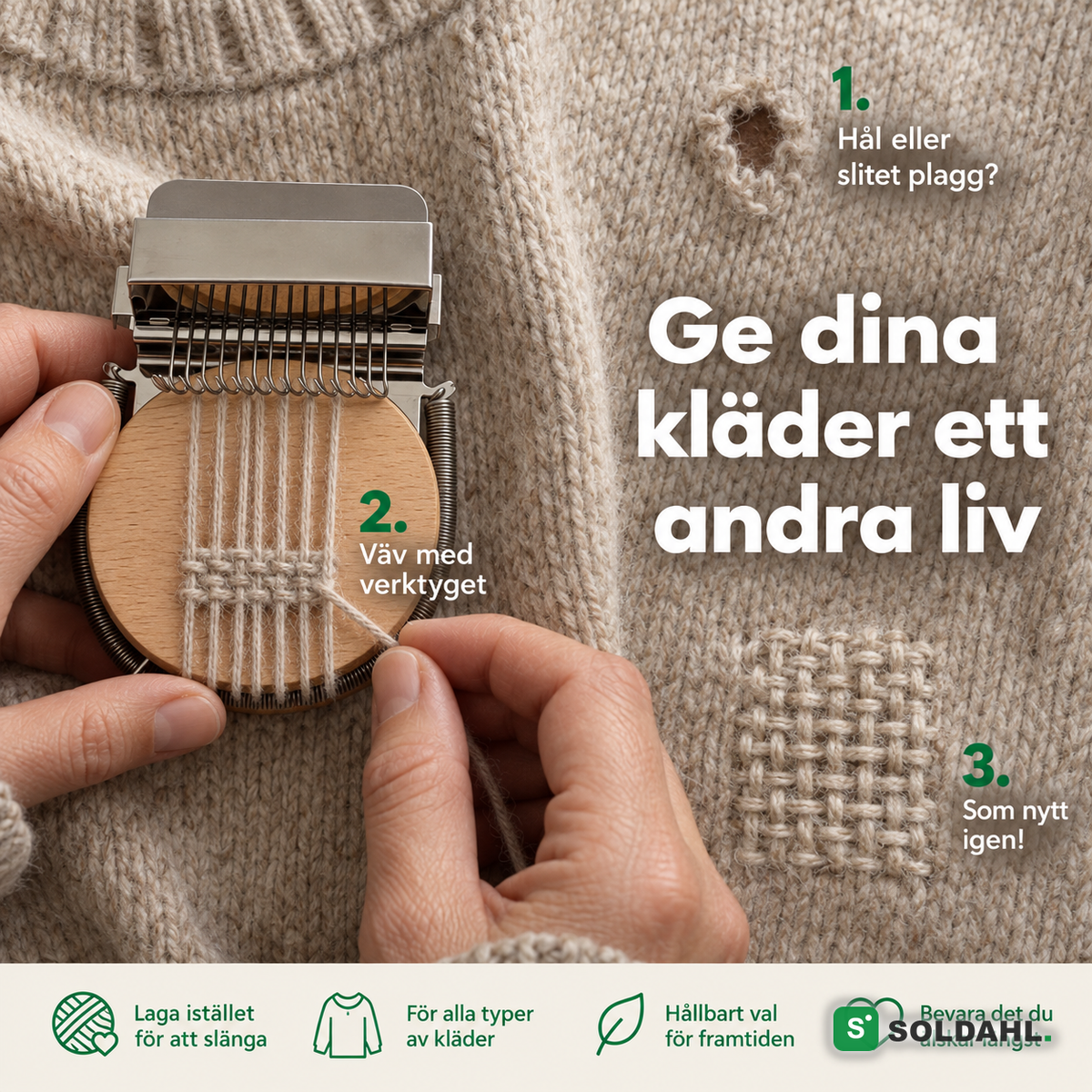 Händer väver igen ett hål i en stickad tröja med minivävramen