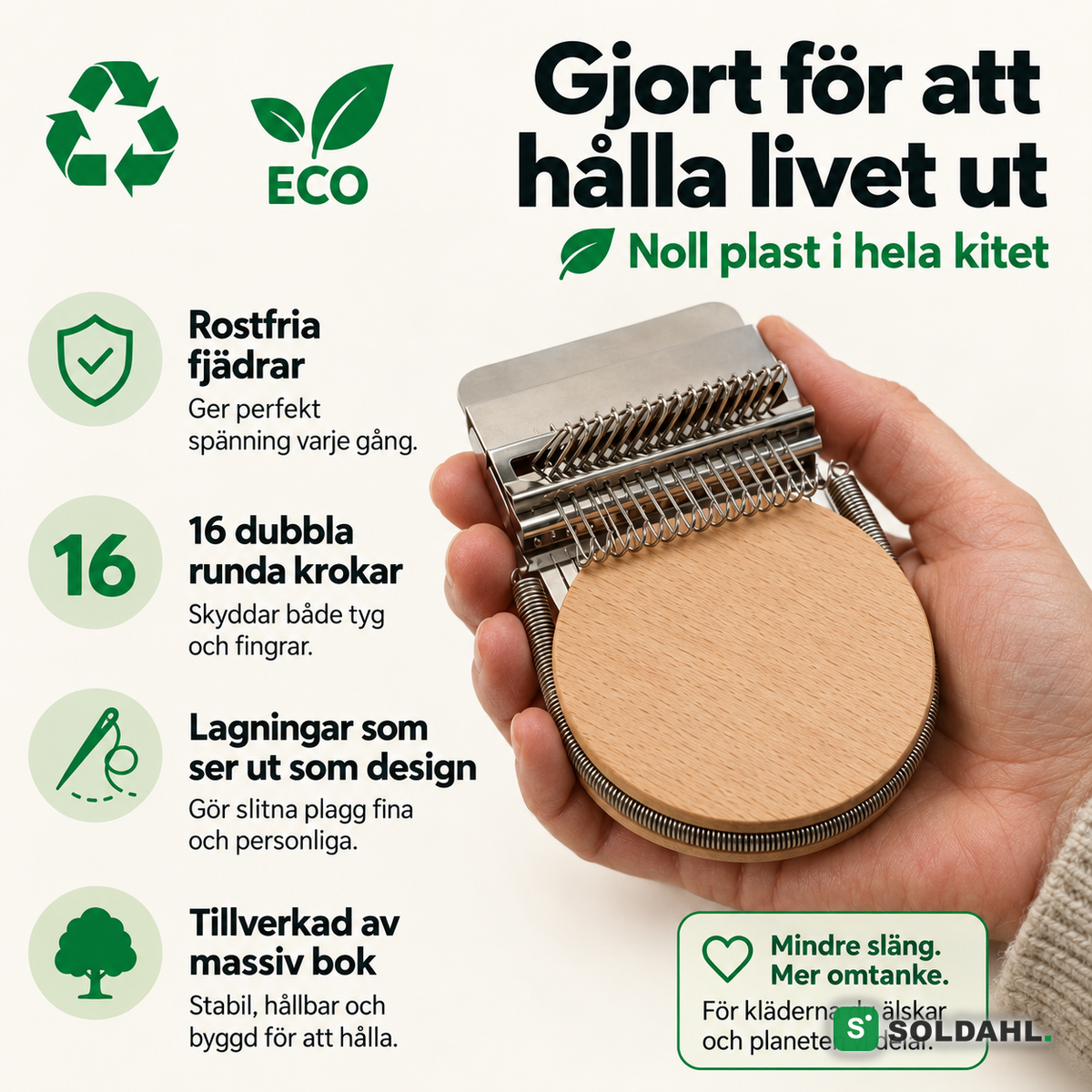 Specifikationer, rostfria fjädrar, 16 dubbla krokar, massiv bok