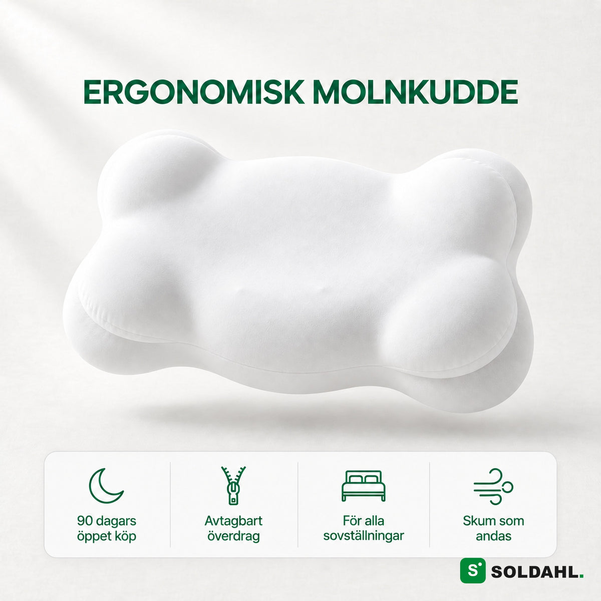 Soldahls ergonomiska molnkudde i memory foam, vit, med fyra fördelar
