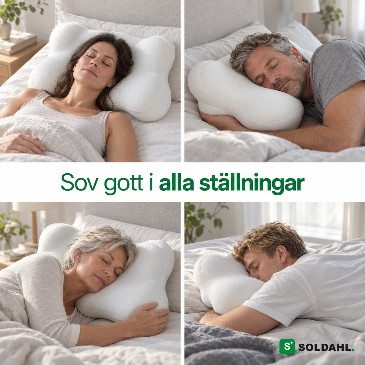 Fyra personer sover gott på molnkudden i olika ställningar