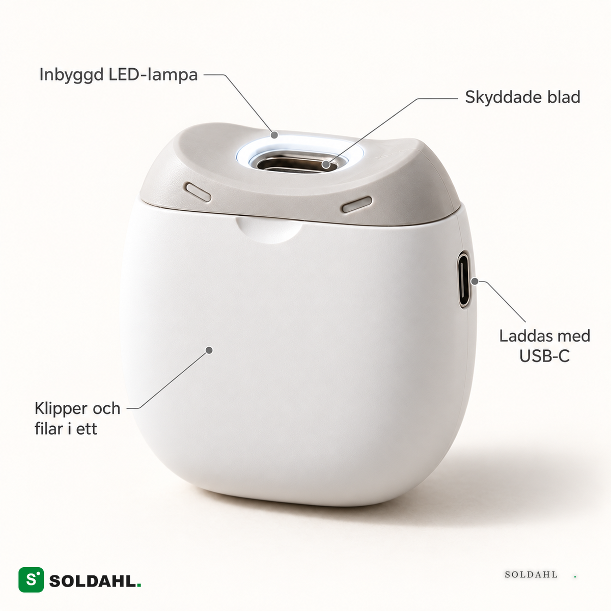 Funktioner: LED-lampa, skyddade blad, klipper och filar, USB-C