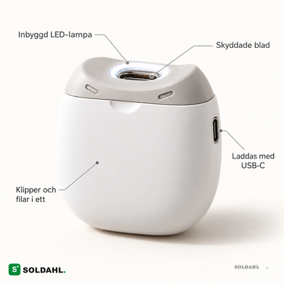 Funktioner: LED-lampa, skyddade blad, klipper och filar, USB-C