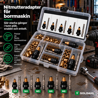 Soldahl Nitfast nitmutteradapter för borrmaskin, öppen låda med fem adaptrar, bits och nitmuttrar på en verkstadsbänk