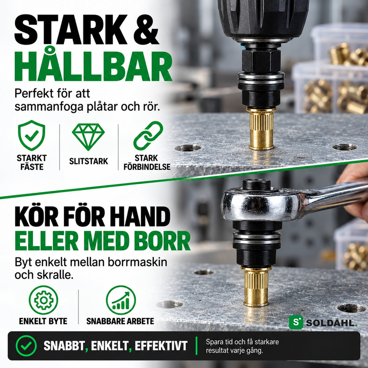 Nitfast adapter sätter en nitmutter i plåt, kör för hand med skralle eller med borrmaskin
