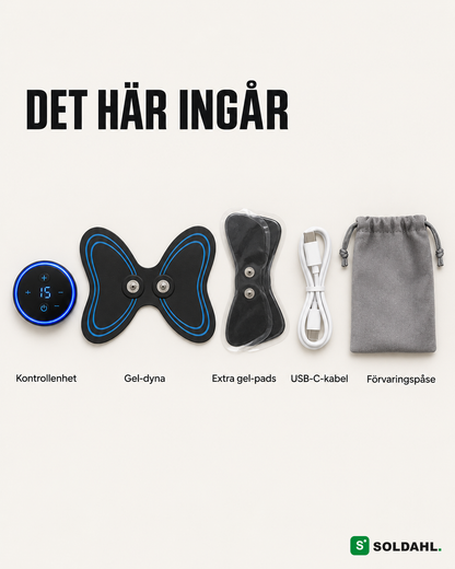 Det här ingår: kontrollenhet, gel-dyna, extra gel-pads, USB-C-kabel, förvaringspåse