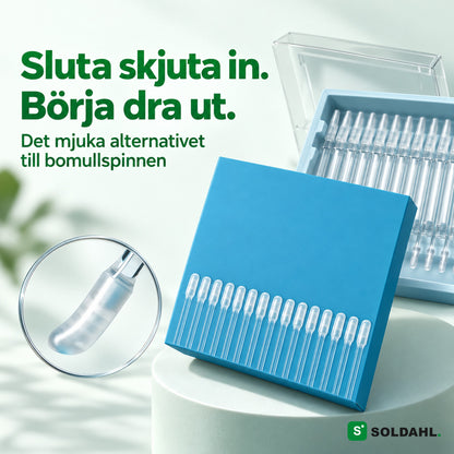Soldahl Öronrengörare, en ask med klibbiga silikonpinnar på ett podium med texten Sluta skjuta in, börja dra ut