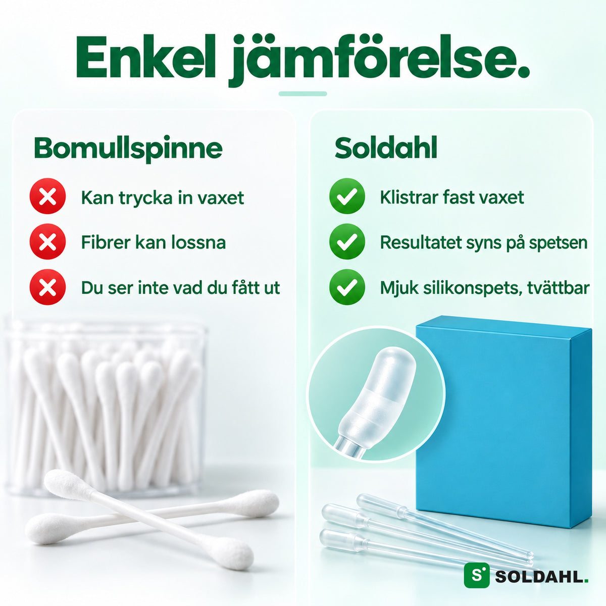 Jämförelse mellan bomullspinne och Soldahl Öronrengörare i två kolumner med för- och nackdelar
