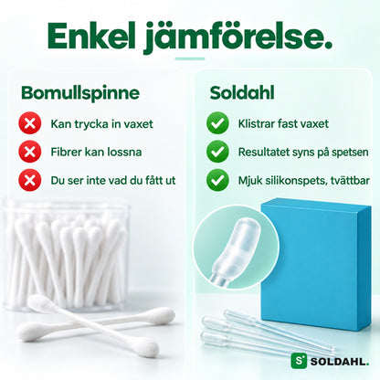 Jämförelse mellan bomullspinne och Soldahl Öronrengörare i två kolumner med för- och nackdelar