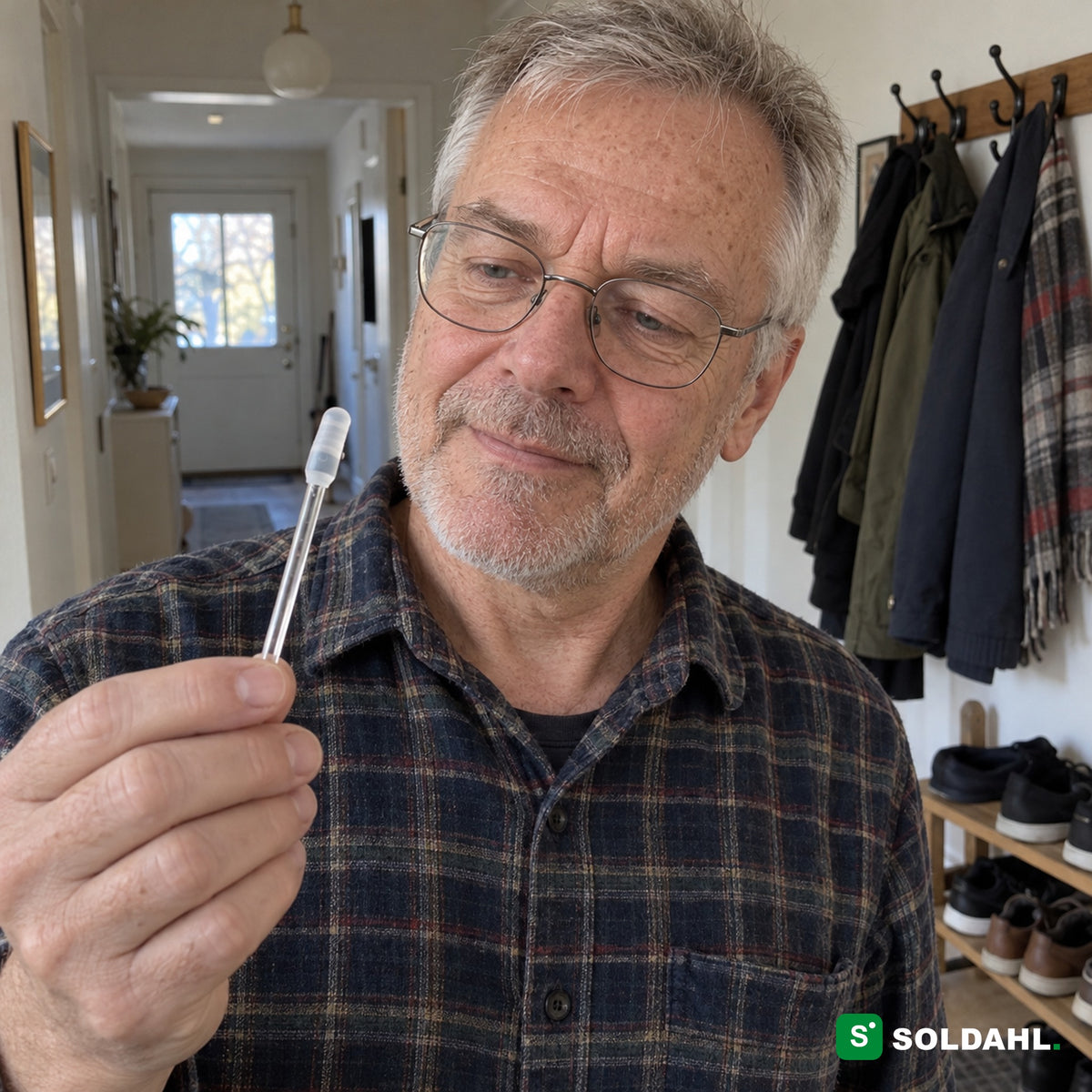 Man cirka 64 år i hallen tittar på silikonspetsen på pinnen i sin hand