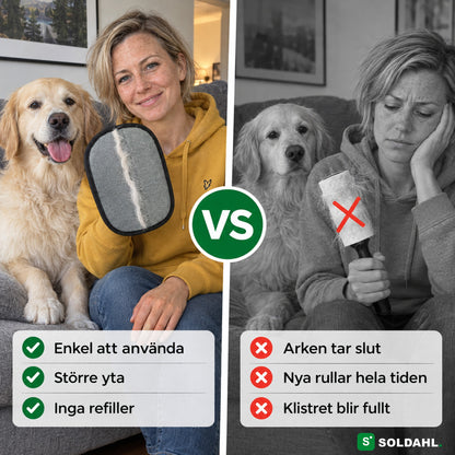 Kvinna med golden retriever visar husdjurshårvanten bredvid en klädrulle full med hundhår