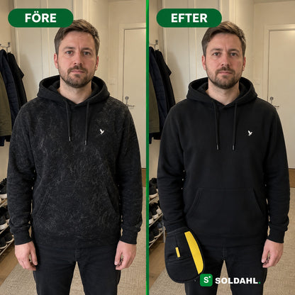 Svart huvtröja före och efter med husdjurshårvanten, djurhåren borta