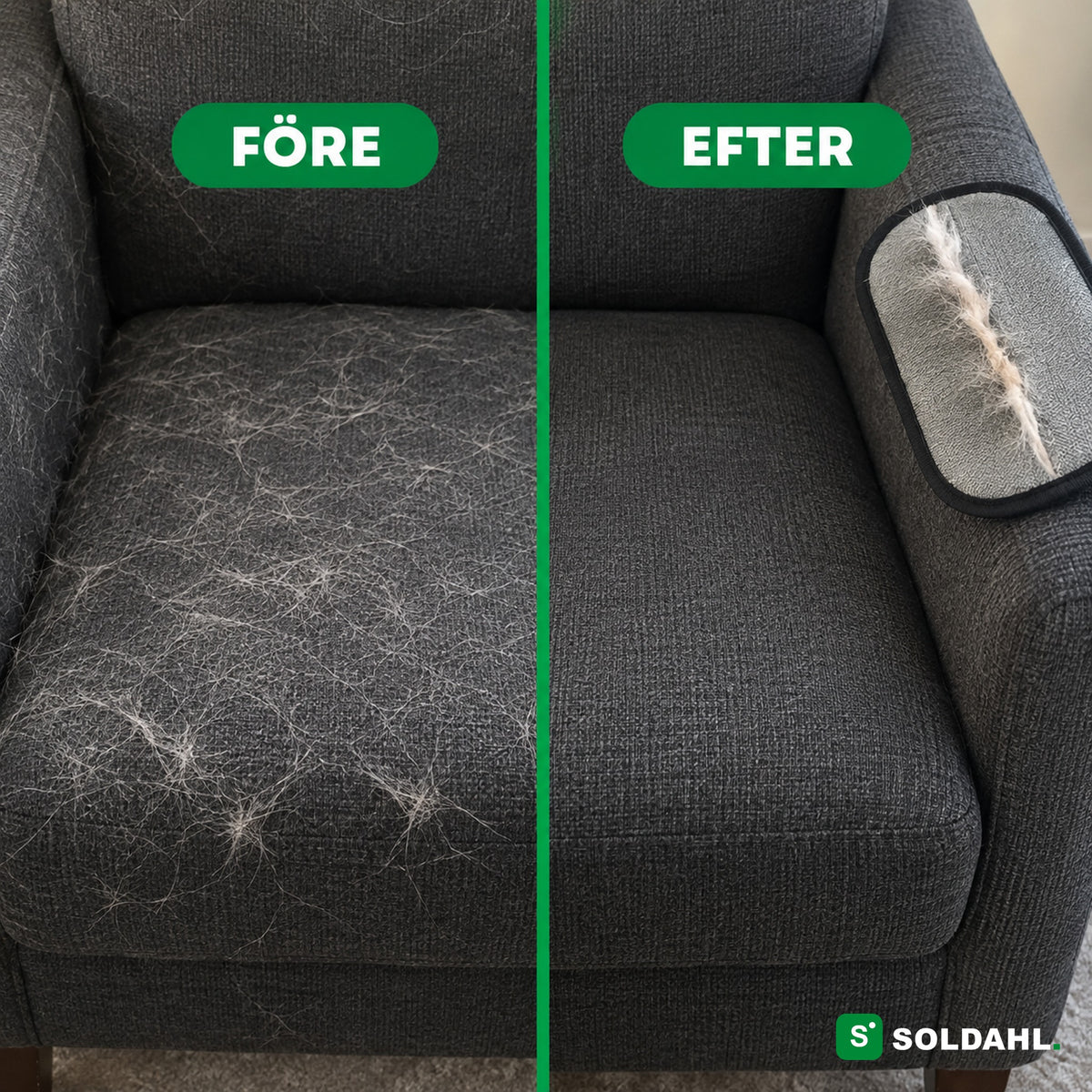 Mörk soffdyna före och efter, hårsträng samlad på vantens grå sida