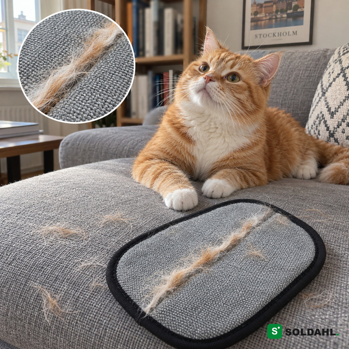 Orange katt i grå soffa bredvid vanten med en sträng katthår på den grå sidan