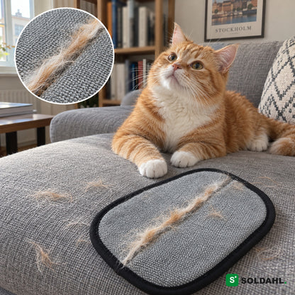 Orange katt i grå soffa bredvid vanten med en sträng katthår på den grå sidan