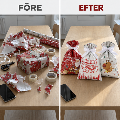 Före med papper och tejp, efter med julklappspåsar