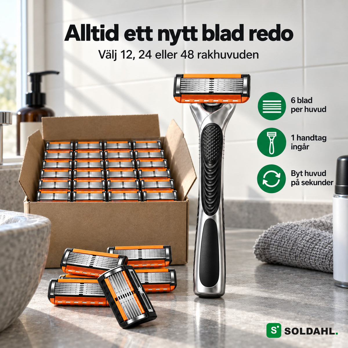 Soldahl Rakvass rakhyvel med kartong full av 6-bladiga rakhuvuden, välj 12, 24 eller 48