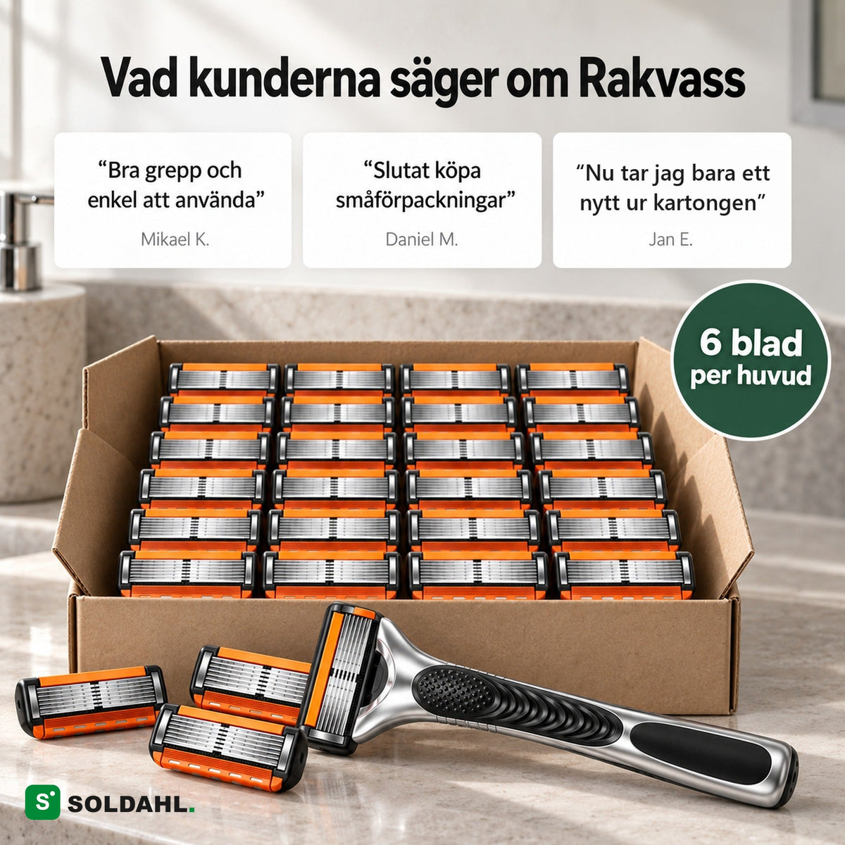 Vad kunderna säger om Rakvass, kartong med lösa rakhuvuden och handtaget