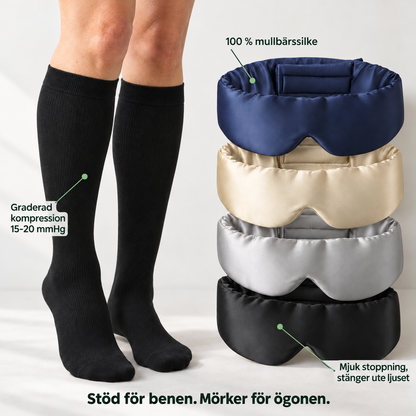 Svarta stödstrumpor på ben och fyra sovmasker i mullbärssilke