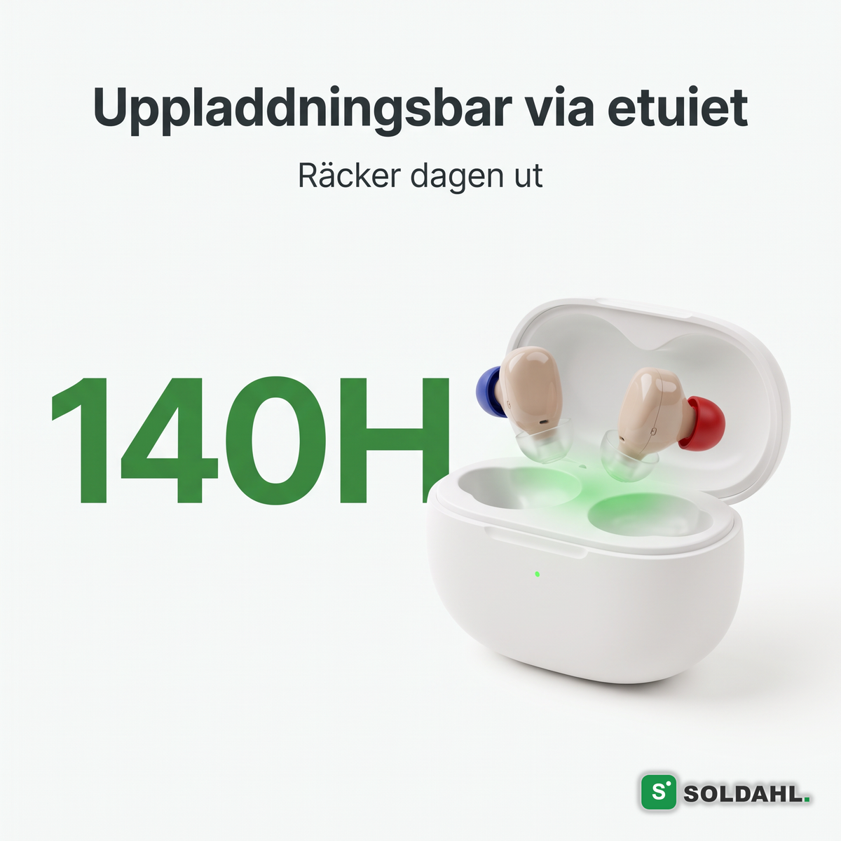 140 timmars batteritid, uppladdningsbar via etuiet
