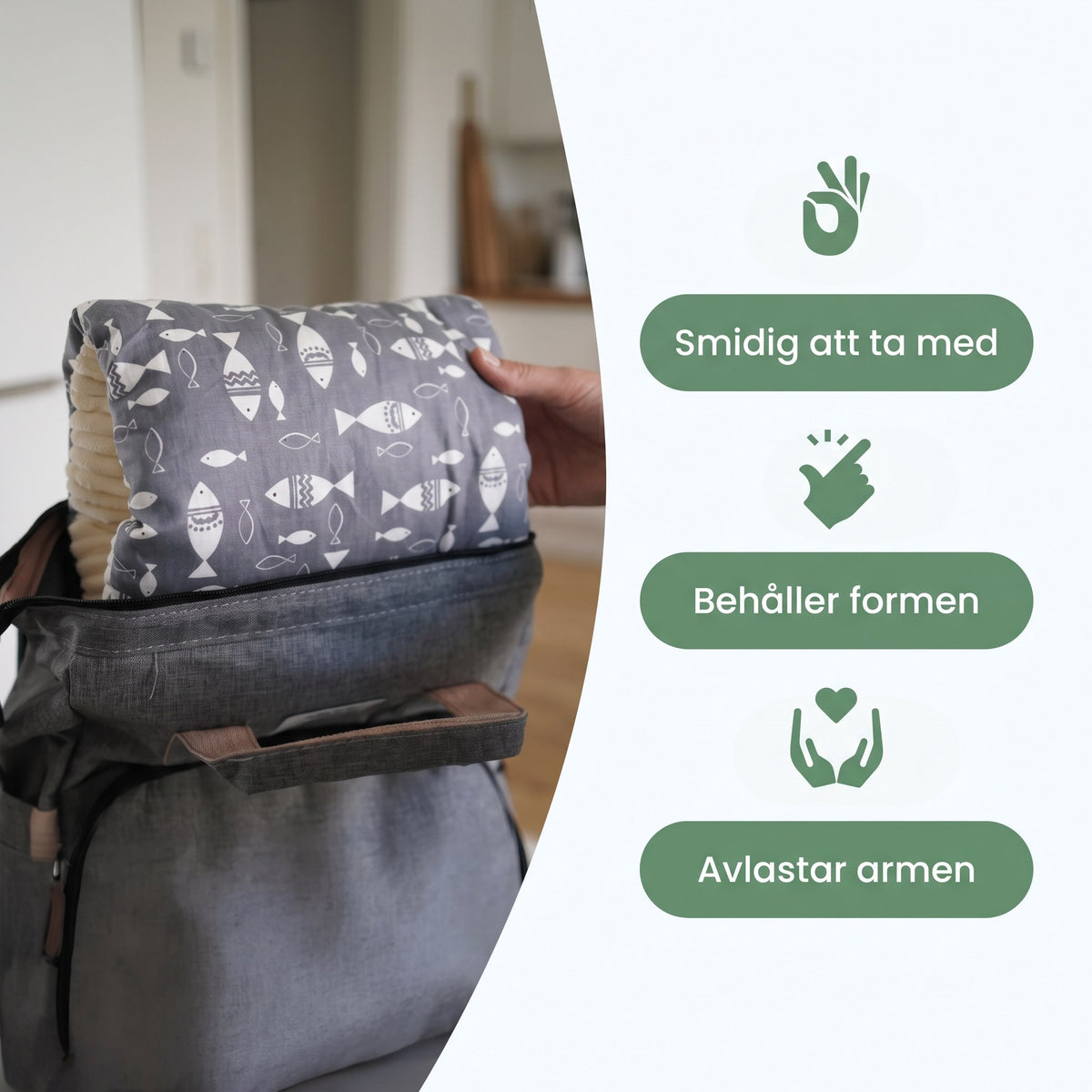 Armkudden får plats i skötväskan och behåller formen