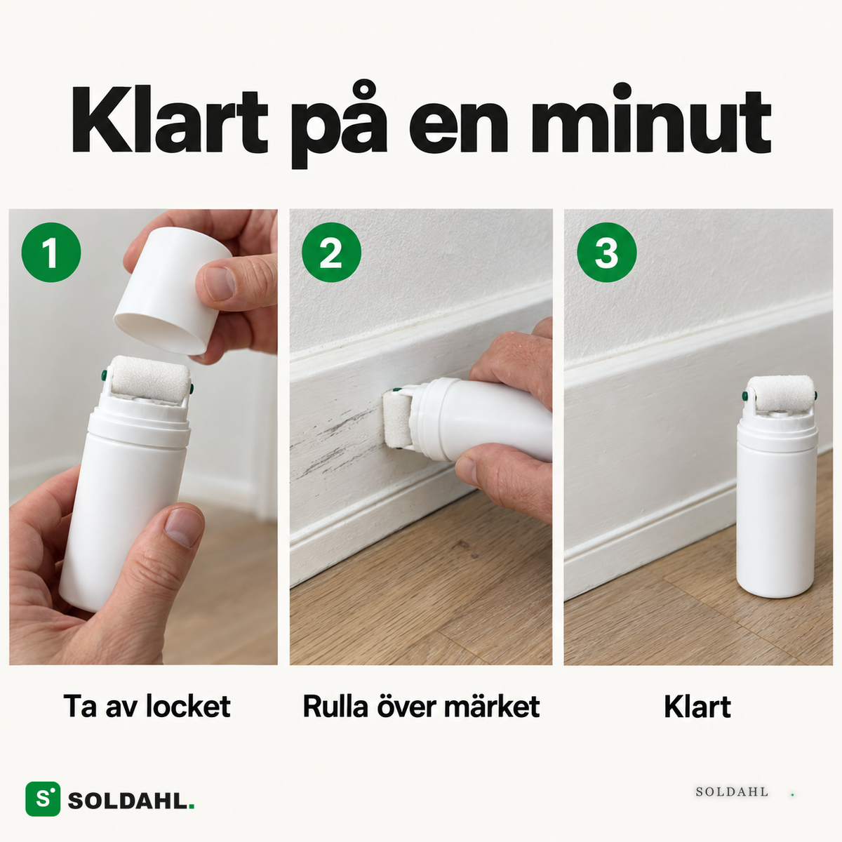 Klart på en minut, ta av locket, rulla över märket, klart