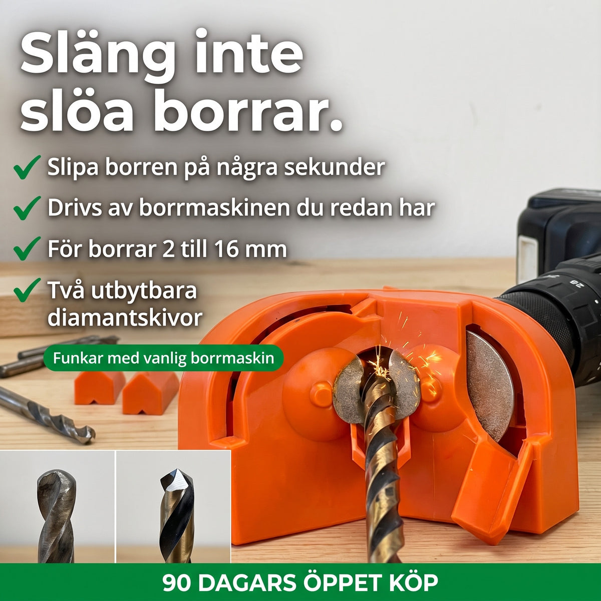Soldahl Slipro borrslip i borrmaskinen slipar ett slött spiralborr
