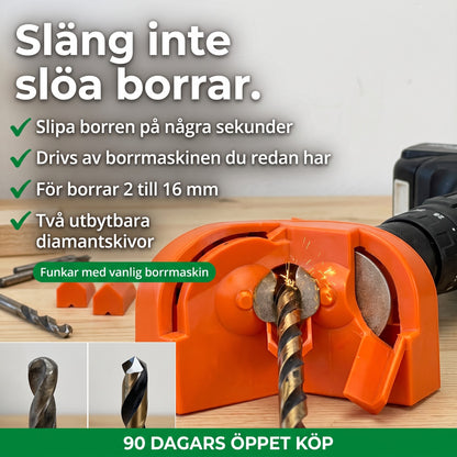 Soldahl Slipro borrslip i borrmaskinen slipar ett slött spiralborr