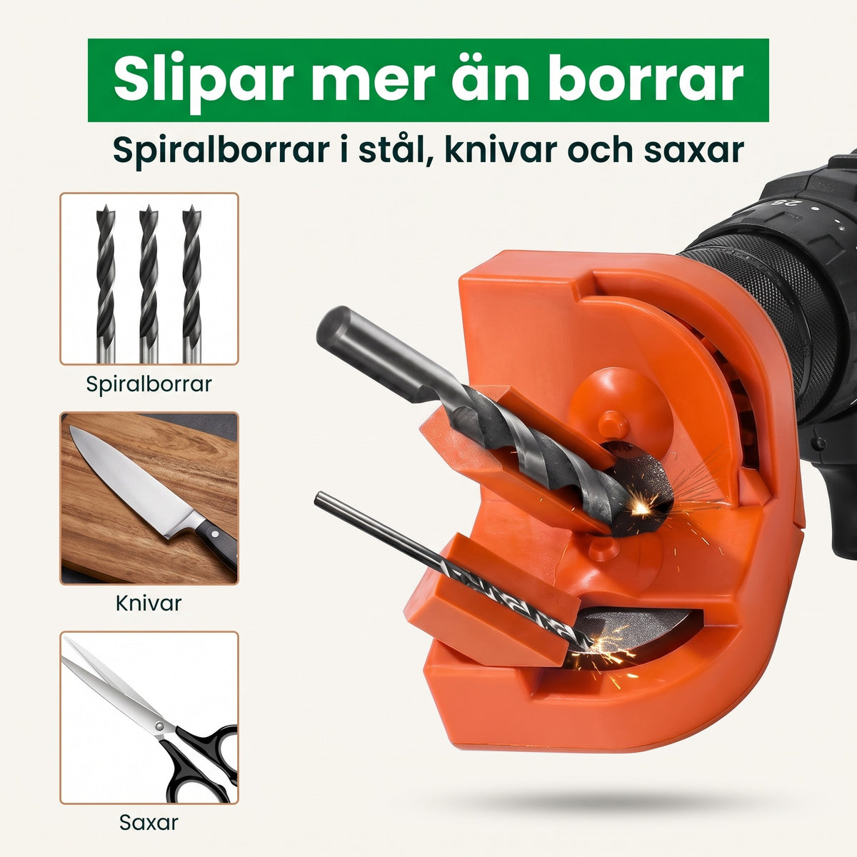 Slipro slipar spiralborrar i stål, knivar och saxar