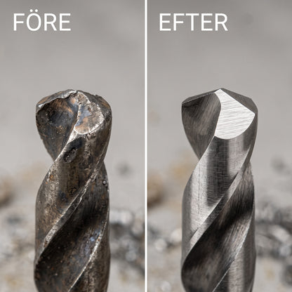 Borrspets före och efter slipning med Slipro