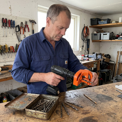 Man i garaget slipar gamla borrar med Slipro i borrmaskinen
