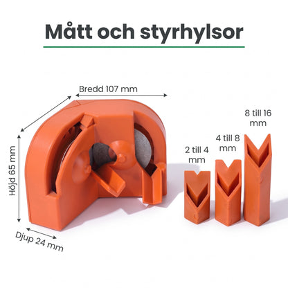 Mått på Slipro 107 x 65 x 24 mm och styrhylsor för 2 till 16 mm