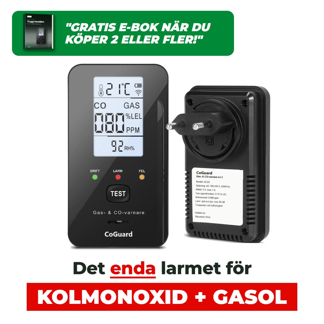 Soldahl CoGuard framsida och baksida, det enda larmet för kolmonoxid och gasol, gratis e-bok vid 2 eller fler