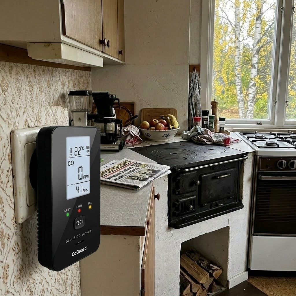 CoGuard i köket hemma vid vedspisen och gasolspisen