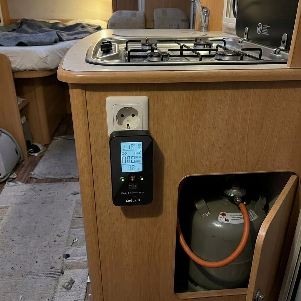 CoGuard i ett lågt uttag nära gasolskåpet i husbilen
